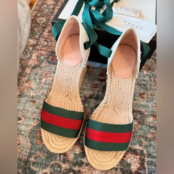 GUCCI Sherry Web Stripe Espadrille Wedges | Ankle Wrap | EU 38 (US 7.5–8) - Picture 6 of 9